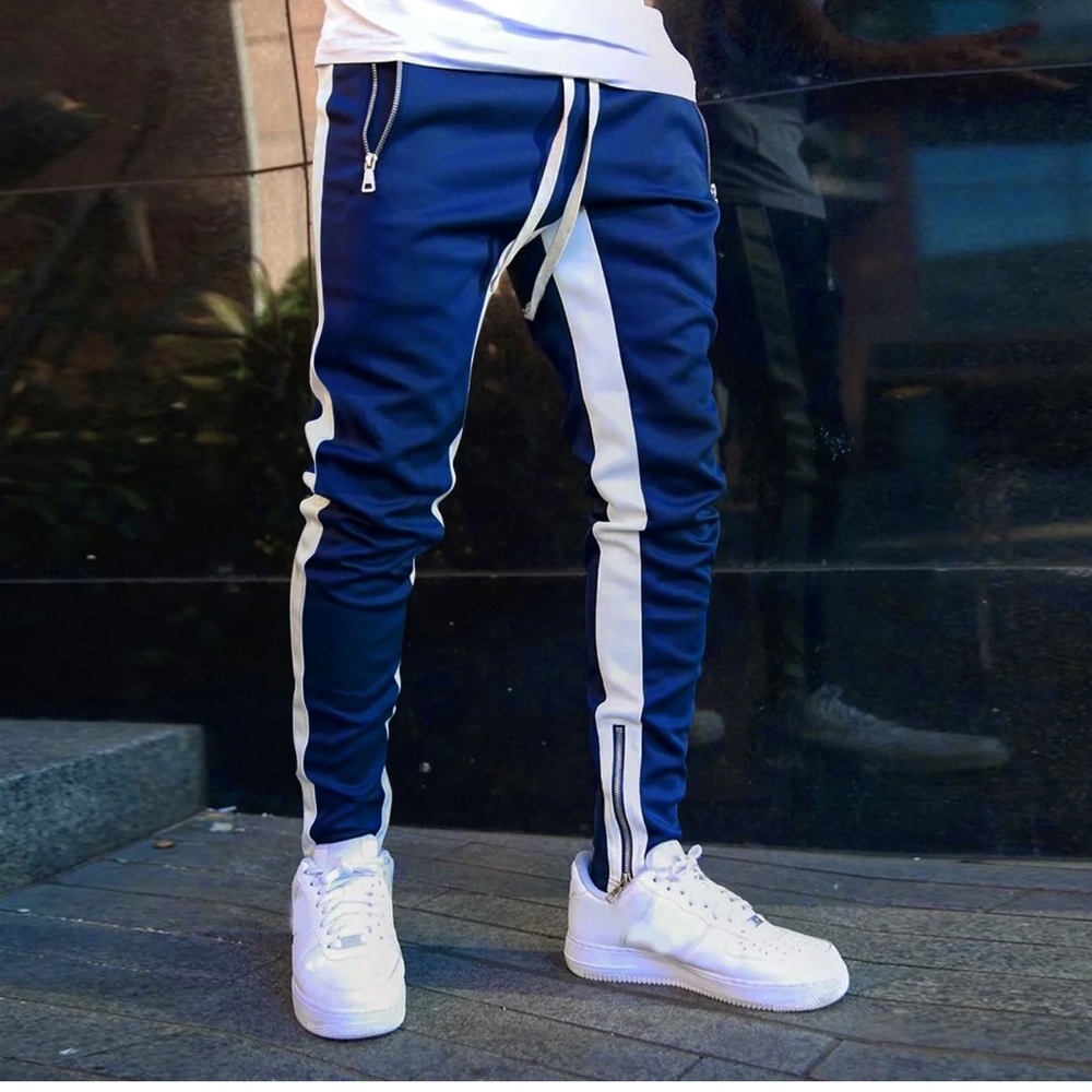 GYM Jogger Sweatpants in Navy Blue with Side White Stripes